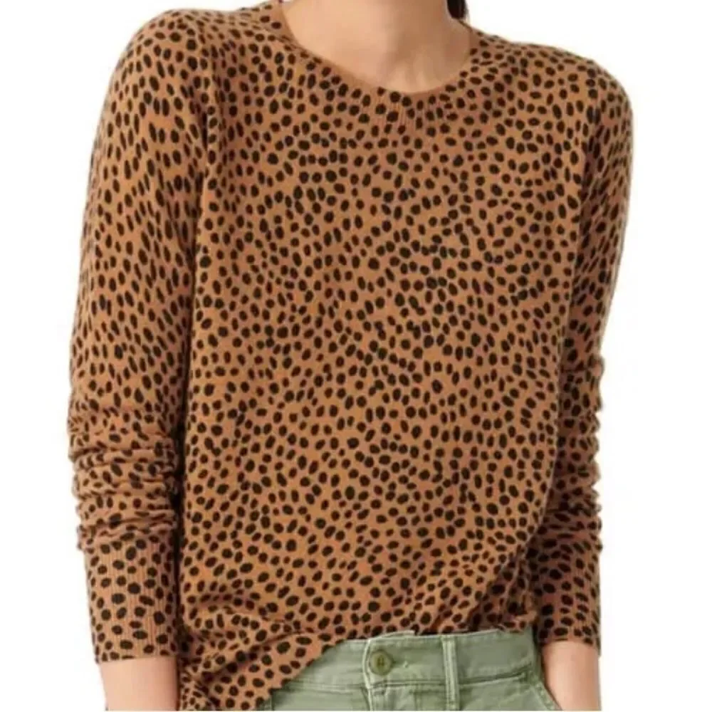 J. Crew LAYLA Camel Tan Black Dot Animal Print 100% Cashmere Crew Neck Sweater